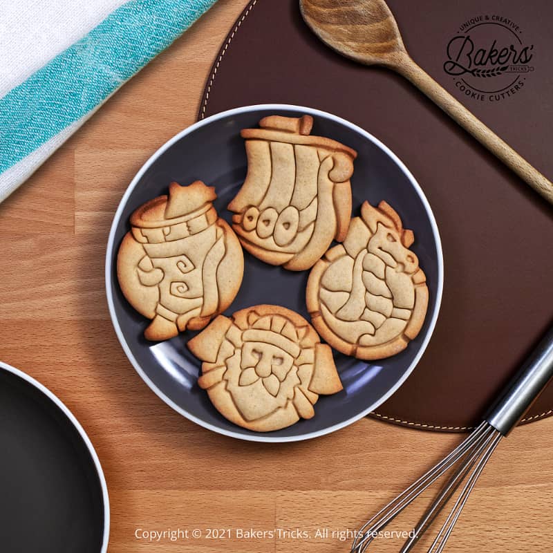 Viking Cookie Cutters featuring Shield and Axes, Drinking Horn, Viking Longship and Sea Serpent designs