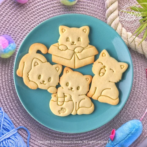 Quatre biscuits sablés en forme de chats réalisés avec les emporte-pièces Bakers'Tricks : chat dans son carton, chat espiègle, chat qui bâille et chat avec son aquarium.