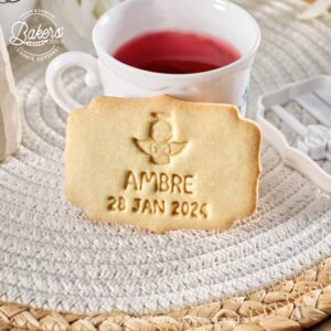 emporte pièce biscuit baptême vintage, symbole ange, prénom et date personnalisées