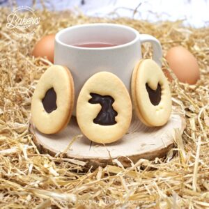 Easter egg cookie cutters for sandwich cookies featuring a hen, chick and bunny