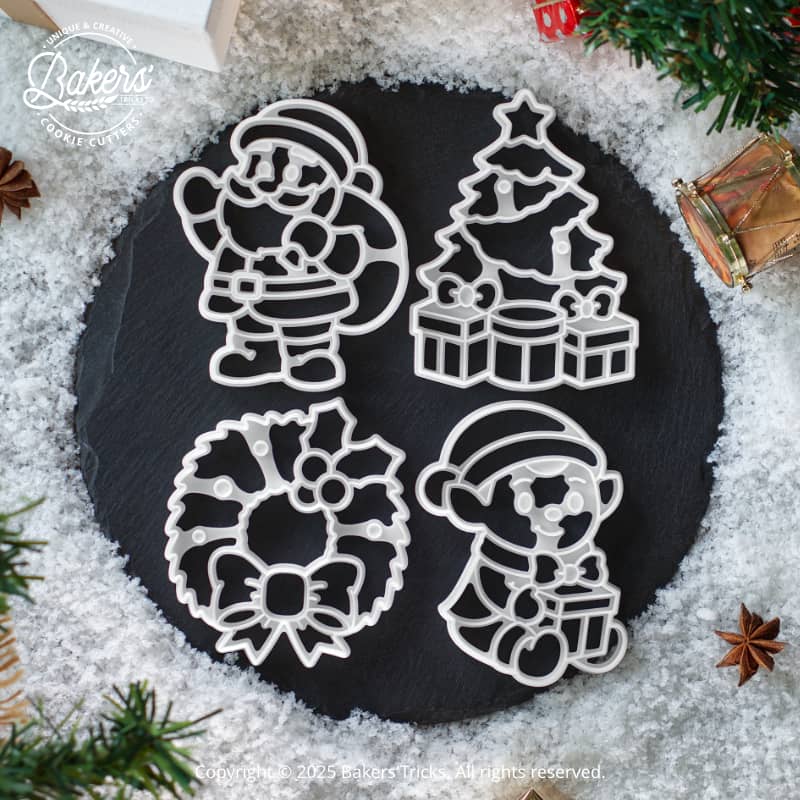 Emporte-pièces pour biscuits sur le thème de Noël en forme de père noël, sapin avec ses cadeaux, couronne de noël avec un beau noeud ainsi qu'un lutin tenant un cadeau