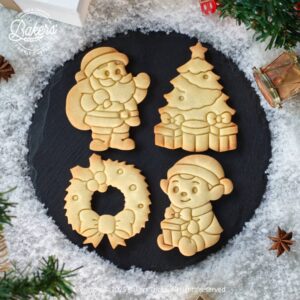 Emporte-pièces à biscuits pour pâtisserie sur le thème de Noël en forme de père noël, sapin avec ses cadeaux, couronne de noël avec un beau noeud ainsi qu'un lutin tenant un cadeau