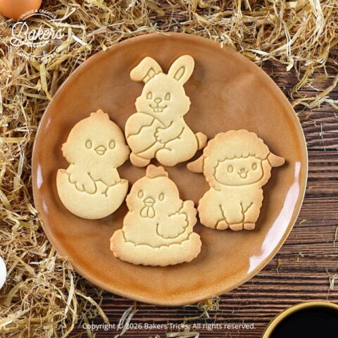 Biscuits de Pâques en forme d’animaux réalisés avec les emporte-pièces Bakers'Tricks : poussin, lapin, poule et mouton présentés sur une assiette rustique