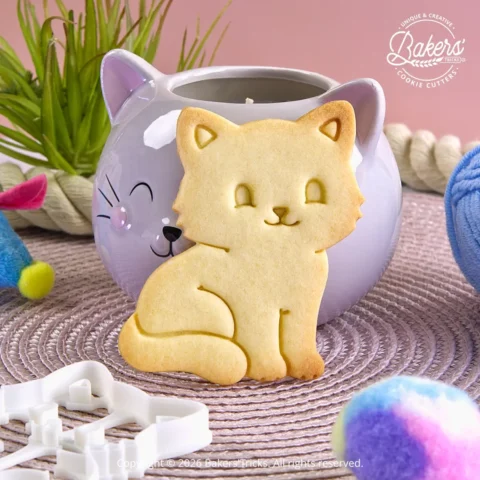 Biscuit sablé en forme de chat assis réalisé avec l'emporte-pièce Bakers'Tricks.