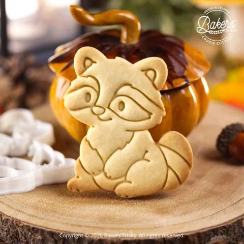 Raccoon-shaped cut-out cookie made with a Bakers'Tricks® cookie cutter.